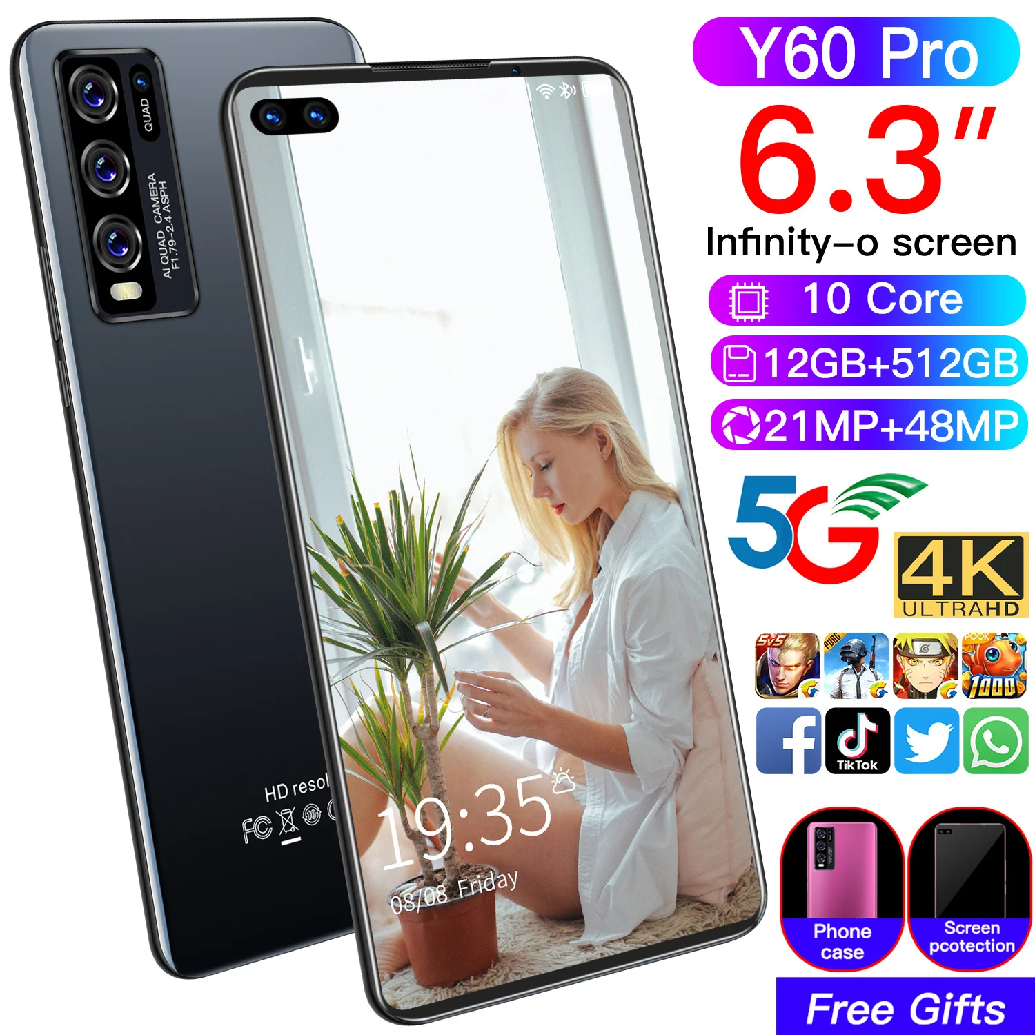 

Y60 pro 6.3inch Arc edge capacitance screen phone 4800mAh battery Androidphone RAM12+ROM512 smartphone, Black, green, purple