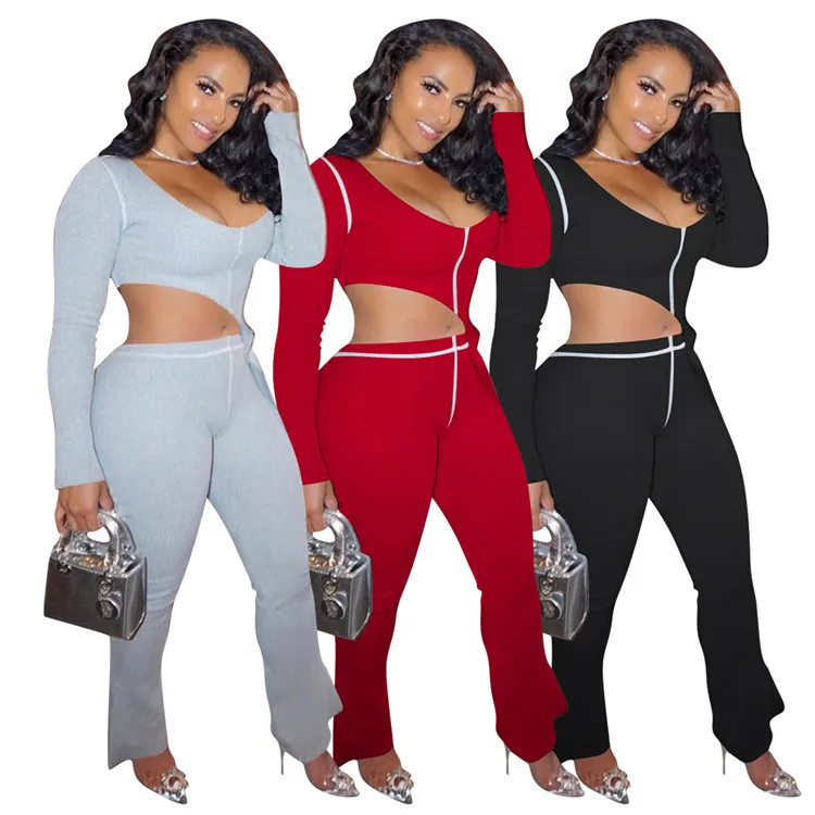 

2021 Trendy Sexy Ladies Club Outfits Long Sleeve Irregular Crop Tops Long Pants Women Two Piece Set