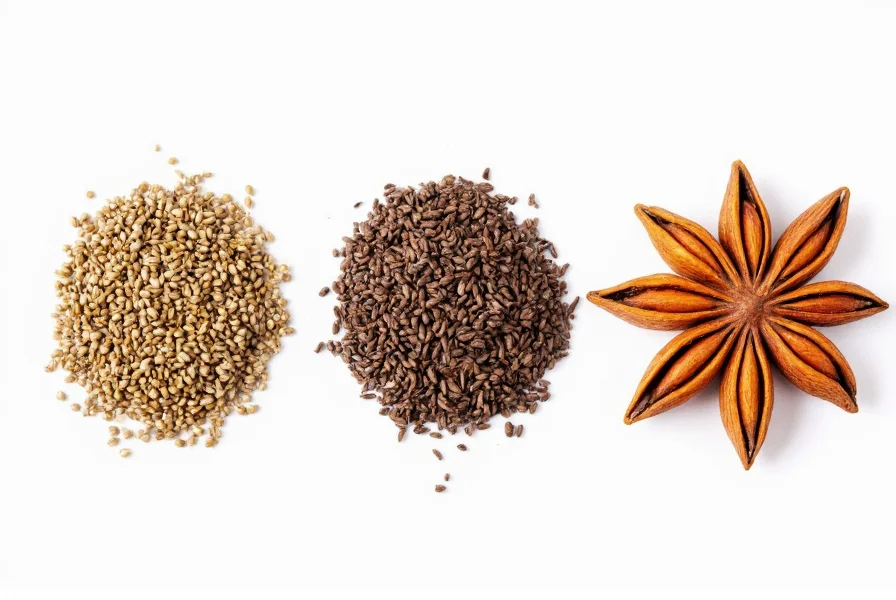 Three types of anise: anise seeds, fennel seeds, and star anise arranged for comparison