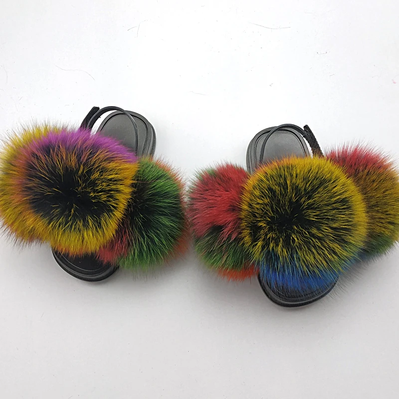 

Jtfur Cute Pompom Ball Splicing Colorful Rubber Babies Fur Slides Slippers Women Sweet Fur Sandals, Customized color