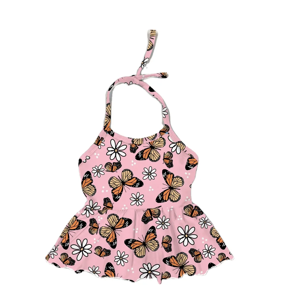 

kids summer clothes Pink Daisy Butterfly printed halter top baby girls sleeveless tie up halter top toddler kids halter top, #1,#2,#3,#4,#5,#6,#7