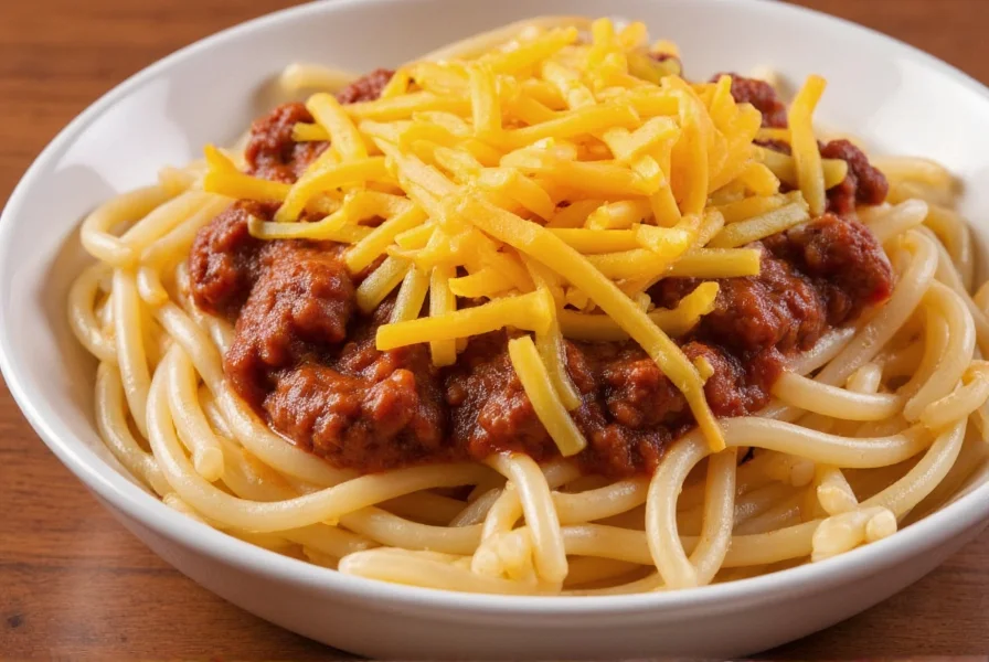 Close-up photograph of Skyline Chili 3-way showing spaghetti topped with chili sauce and melted cheddar cheese in a white bowl with wooden background