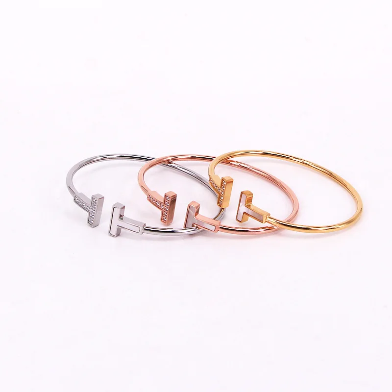 

Women Double T Cuff Bangle 18k Gold Plated Stainless Steel Crystal Rhinestone Bangle Bracelet Luxury Jewelry