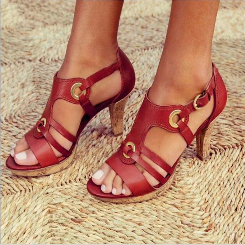

B24426A Spring and Summer PLUS size hot sale high-heeled women sandals, Red, green, black, brown, gray