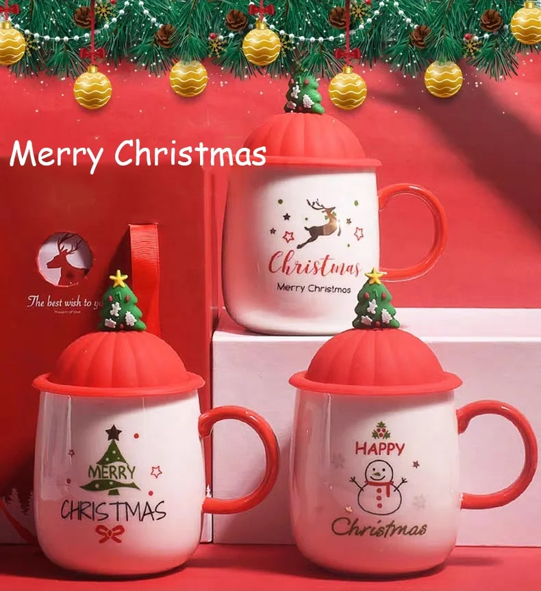 

Wholesale Christmas Reusable Cute Silicone Lid Ceramic Coffee Mugs and Water Cup Drinkware for Xmas Gift, White cup with red lid
