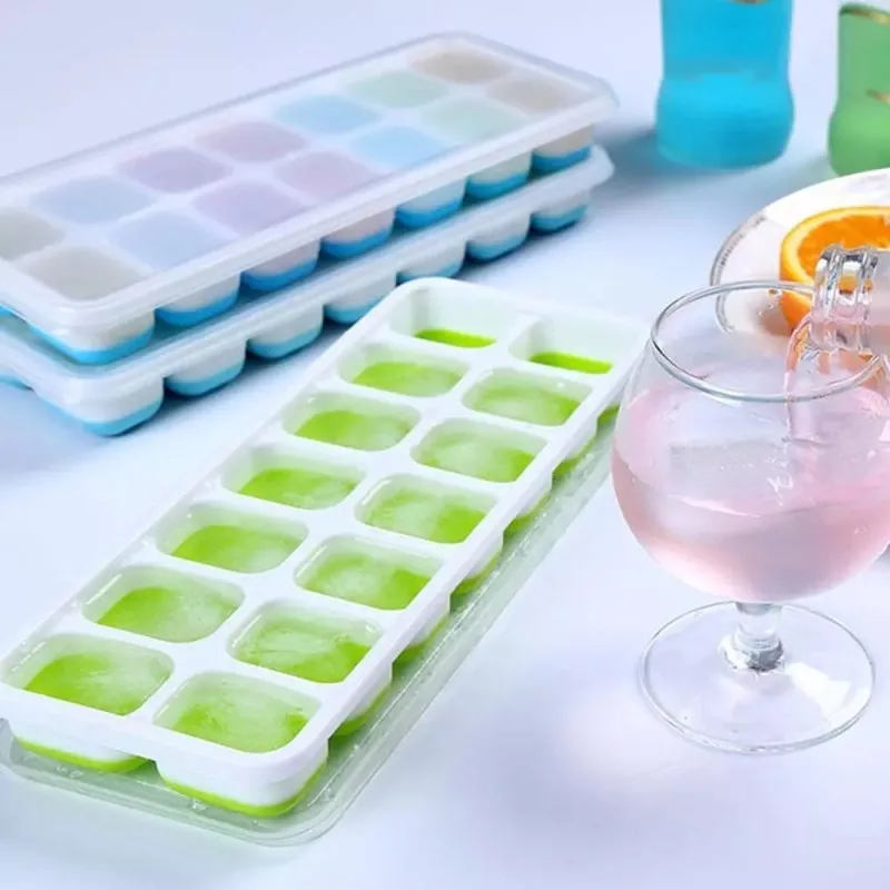 

Free Sample Silicone Ice Cube Molds 14 Ice Tray Stackable Durable Mold Ice Cube Tray With Lid, Pink, green, blue
