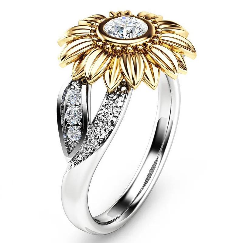 

European and American fashion new sunflower flower zircon gold-plated couple ring