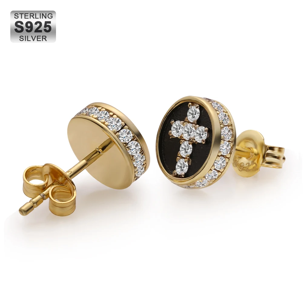 

KRKC Fashion 14K Gold Plated 925 Sterling Silver Round CZ Stone Cross Stud Earrings
