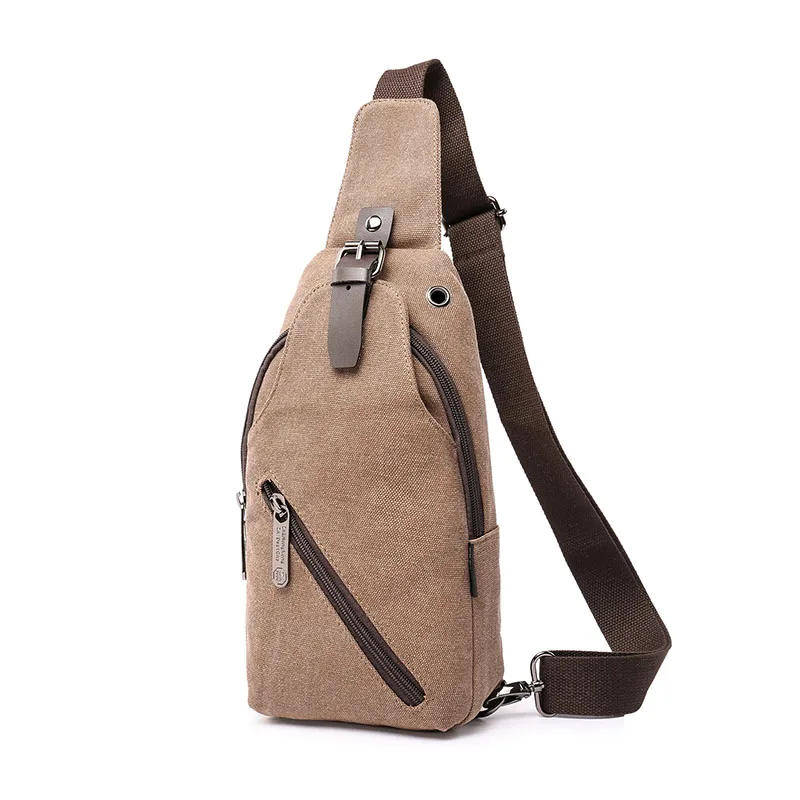 

China Factory PU Canvas Casual Satchel Men Shoulder sling Chest Crossbody Bags With Headphone port, Customization