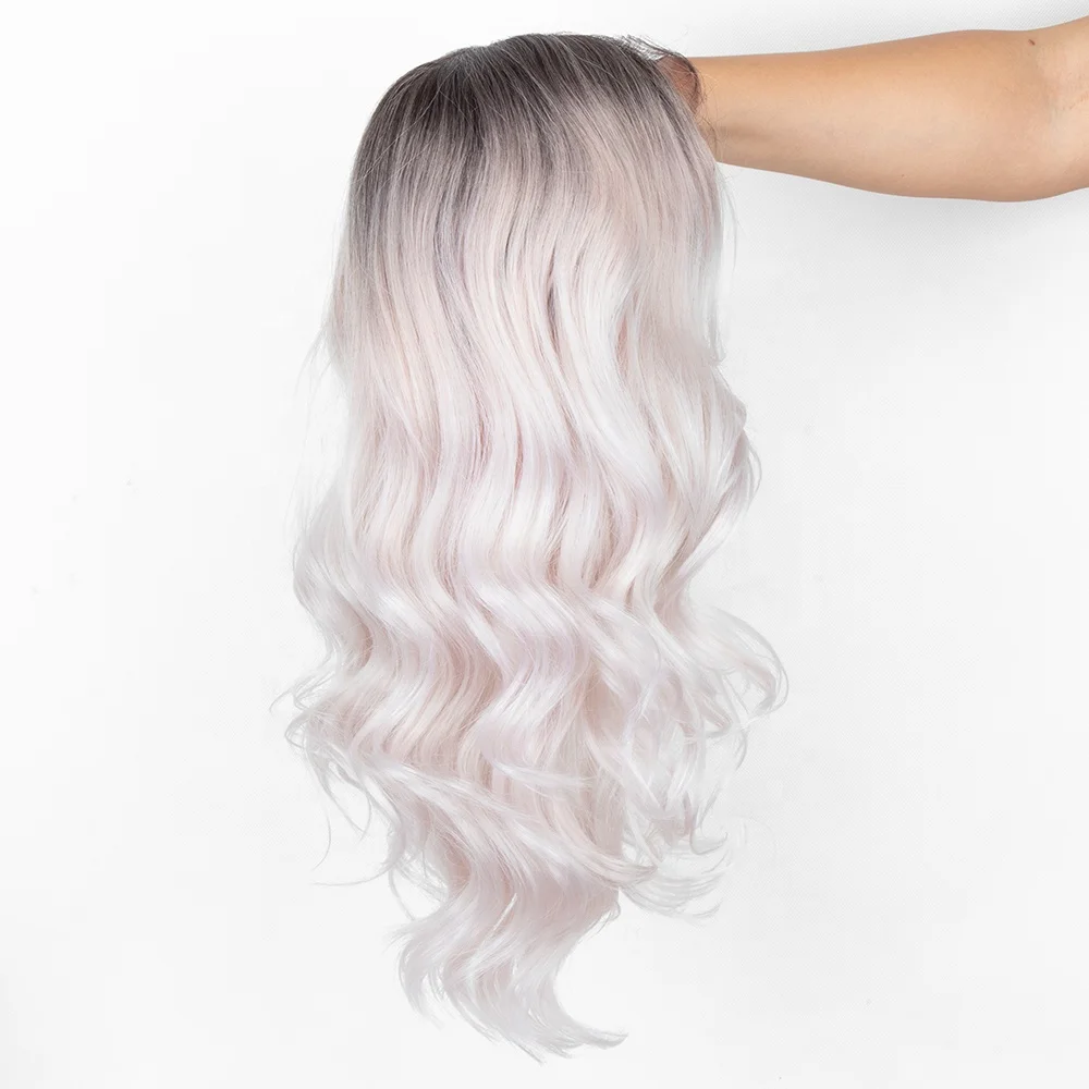 

Aliblisswig Natural Looking Dark Root Ombre Baby Pink White Long Wavy Middle Part Heat OK Fiber Hair Lace Front Synthetic Wig