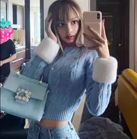 

winter women fashion buttons shearling cardigan long sleeve faux fur Collar knitted Sweater Woman Cardigan crop jacket coat
