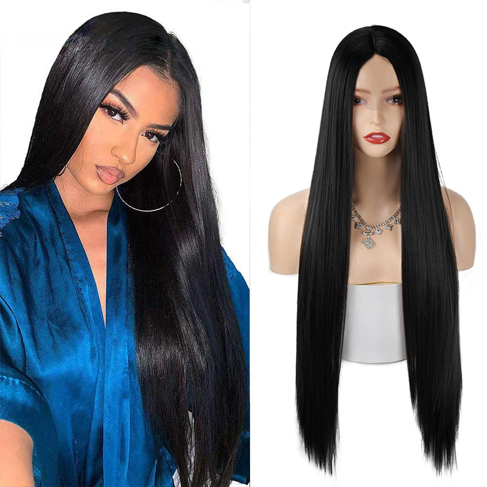 

Long Silky Straight 28 Inches Synthetic Hair Lace Front Wigs High Temperature Resistant For Black Women Wigs, Pic showed