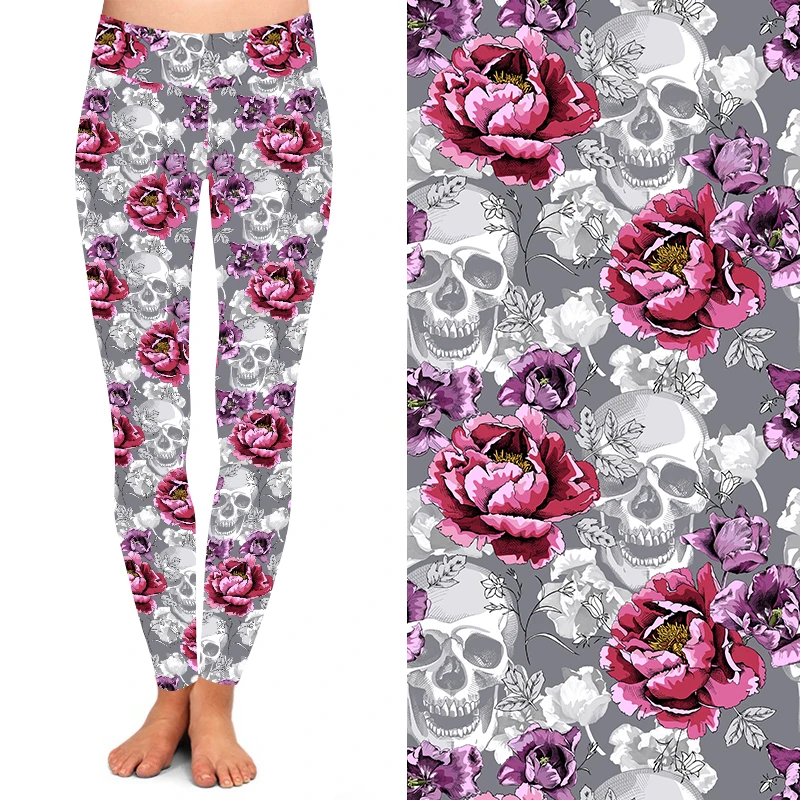 

New arrival women flower skull leggings printed High yoga waist Buttery soft leggings