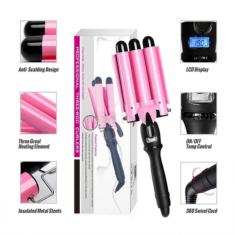 

Household Hair Curler 3 Barrel Automatic Hair Curler Trending Products 2021 New Arrivals Hair Curler, Pink