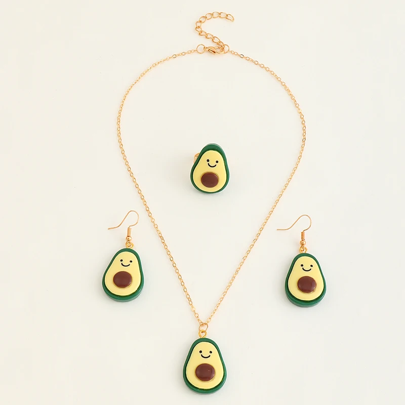 

Wholesale Fashion Cartoon Avocado Necklace Earring Ring Jewelry Set For Girls, Gold