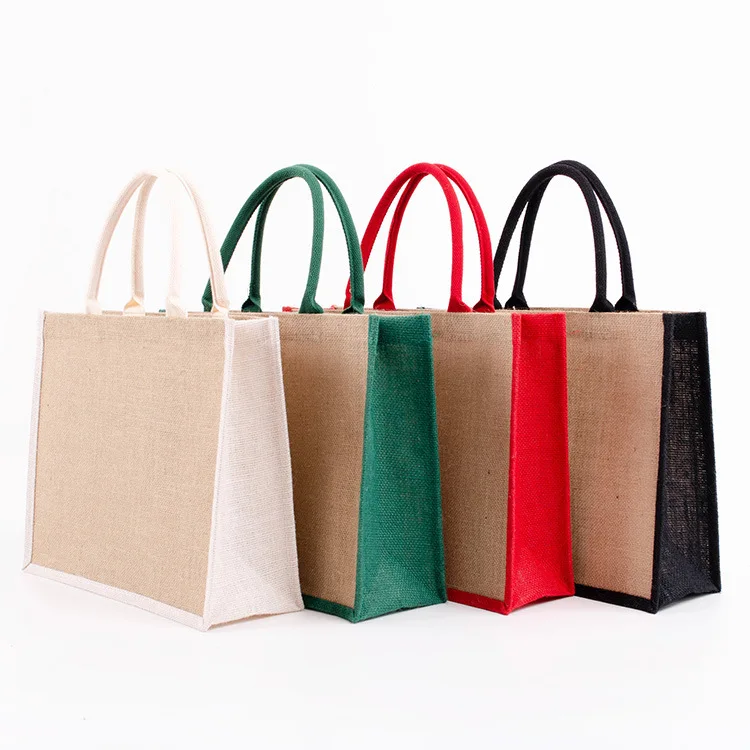 

Customized Logo Eco Friendly Advertising Gift Burlap Tote Bag Color Stitching Blank Jute Shopping Bag, Black,white,red,green