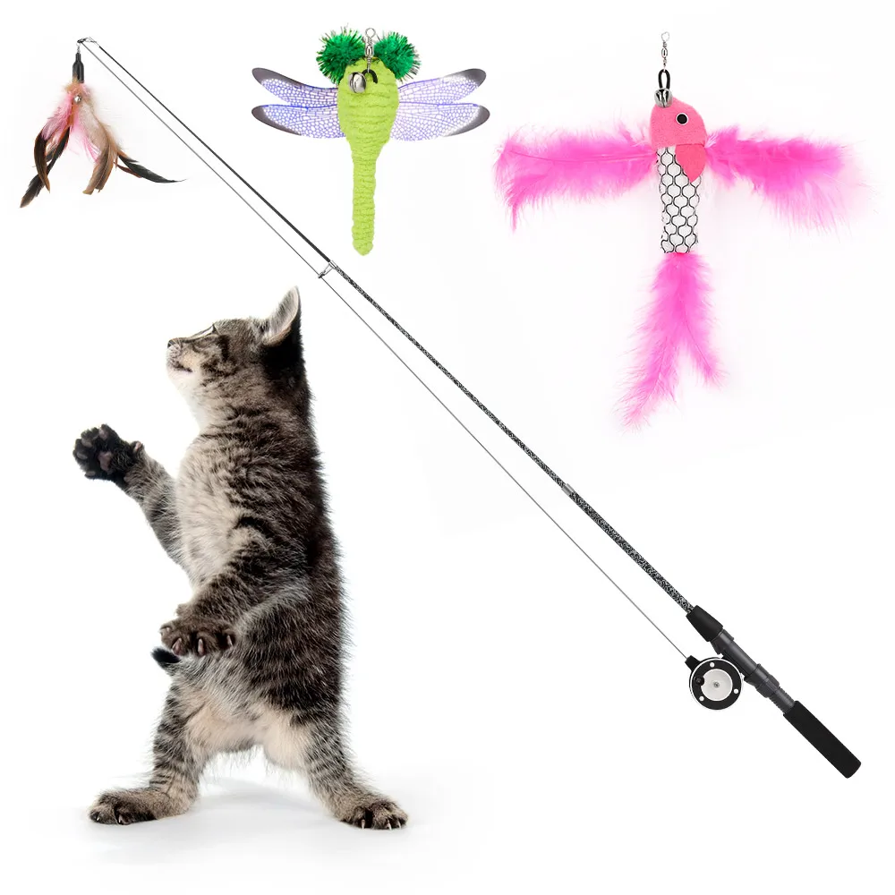 

Pawaboo Cat Feather Teaser Wand Toy, with Assorted Refills Fish/Dragonfly Worm/Feather for Pet Cat Catching Exercise Playing, Colorful