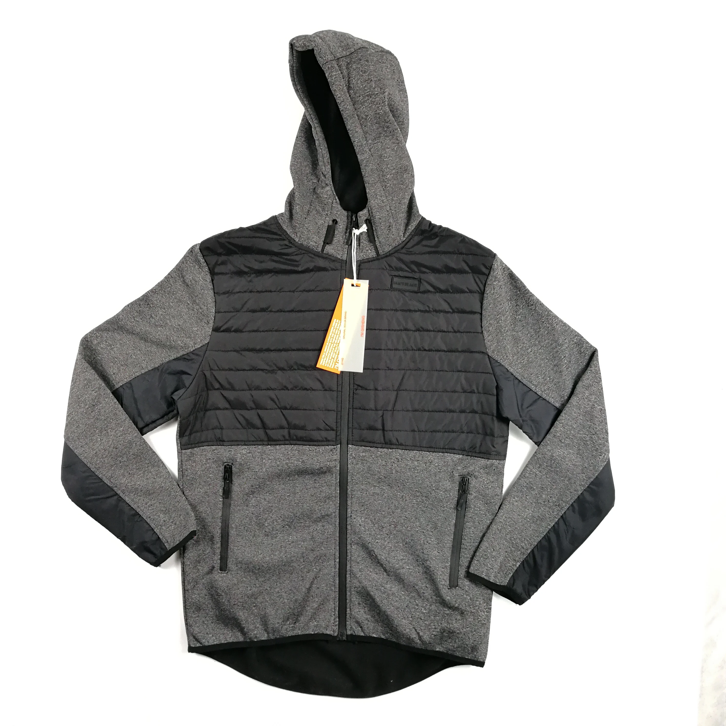 Wholesale Cheap Stock Mens Quilted Zipper-up Hooded Coat 100% Polyester Tech Fleece Hoodie Jacket OEM Custom Cut And Sew Hoodies