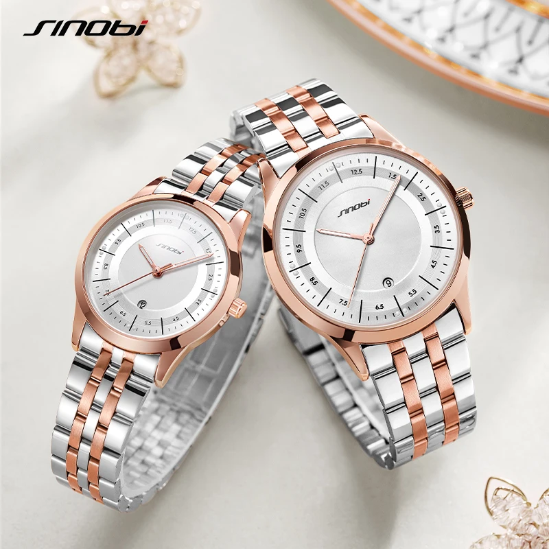 

SINOBI OEM Top Luxury Gold Alloy Case Watch Couples S9842GL Stainless Steel Band Watch for Men and Women Customization Own Logo