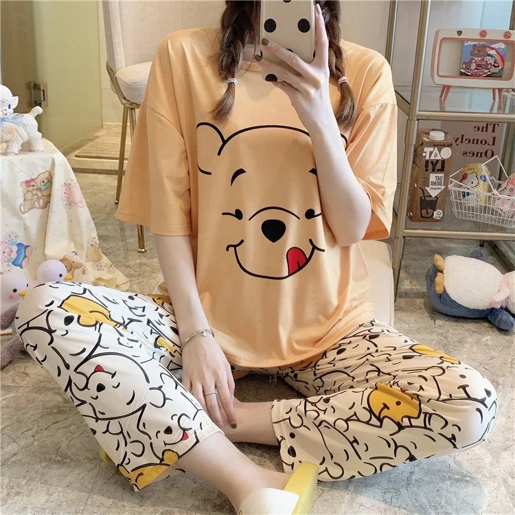 

New Arrival Cartoon Printed Women Pajamas Sets 2 Piece Free Size Cotton Sleepwear Lovely Nightwear for Girl