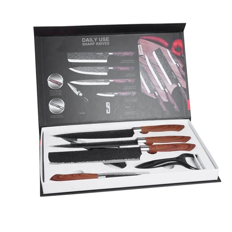 

Most popular 6 pcs embossing blade stainless steel kitchen knife set with non-stick coating
