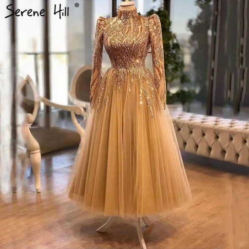 

Elegant Gold Muslim Evening Dresses 2021Serene Hill LA70987 Long Sleeves Beaded Sparkle Party Gowns For Women