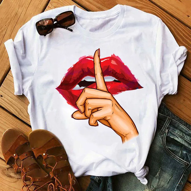 

2022 Women T-shirt Colorful lips Print Harajuku Summer Tops O-neck Basic Tees Lip Funny Wholesale Cheap T Shirt