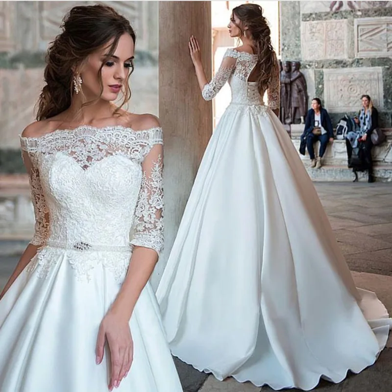 

NE217 Vintage Lace Half Sleeve Off the Shoulder Wedding Dress Turkey Wedding Gowns vestido de noiva Simple Satin Bride Dress, Default or custom