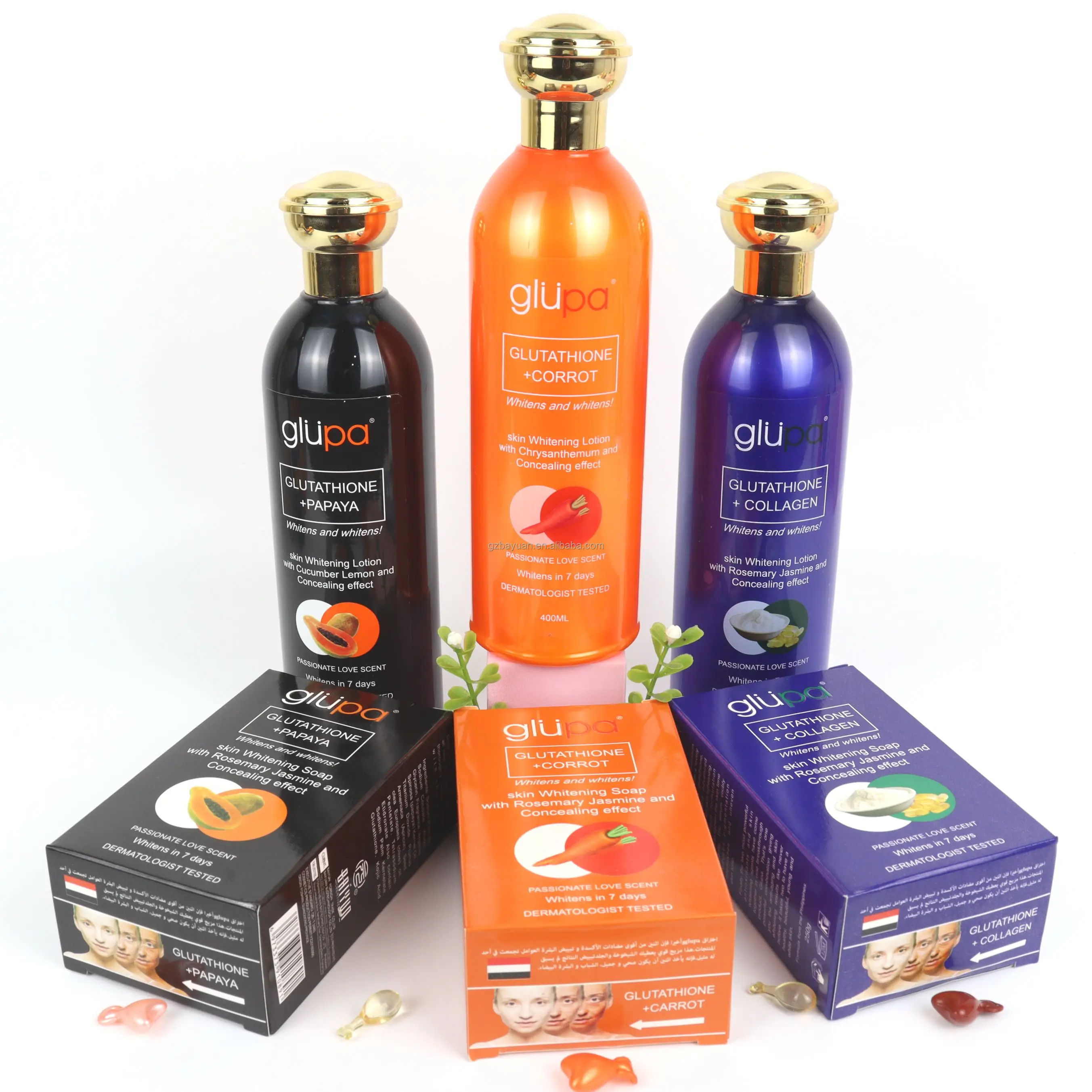 

Glupa Papaya Carrot Collagen milk 400ml Toilet 250g Face Base Hyaluronic Acid Skin Care Soap kit and Whitening Body Lotion set, 3 color