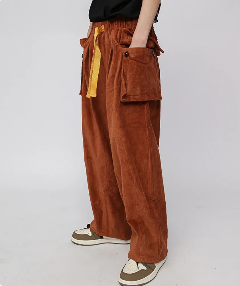 

corduroy trousers with multiple pockets loose retro wide leg high quality casual Loose Urban Long Pants Men