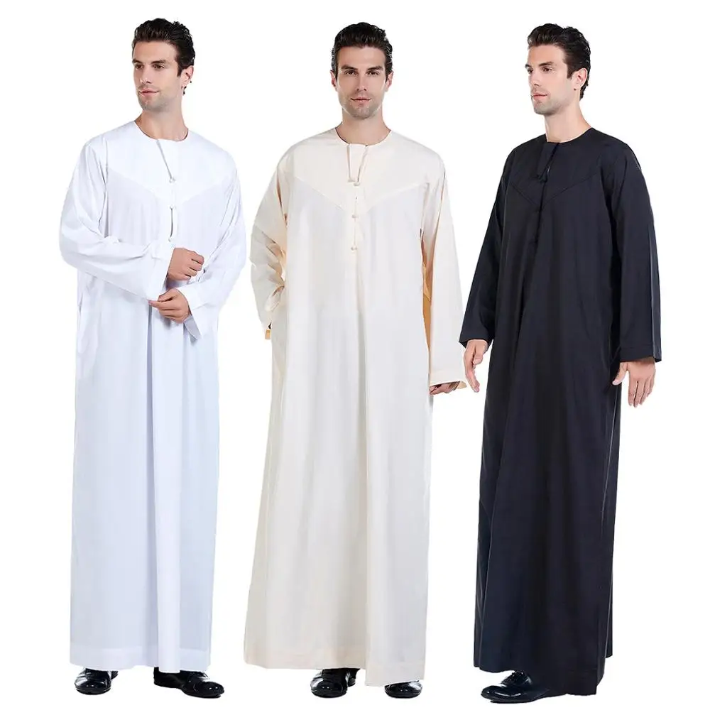 

Cheap Price Round Collar Solid Color Muslim Arab Men Thobe Thawb Caftan, White,black,beige