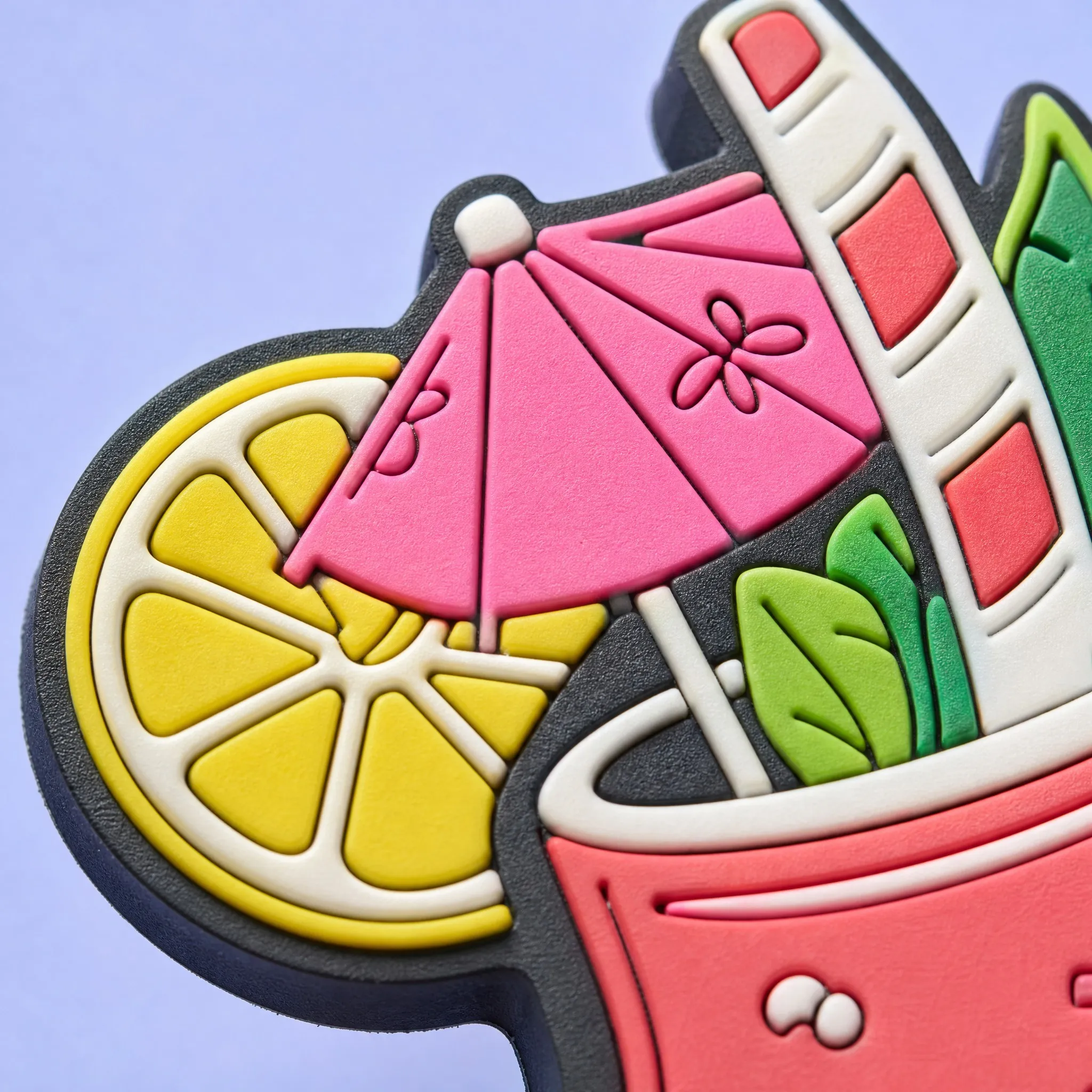 Super Macro Close-Up of 3D PVC Lemon Slice Pulp Texture and Embossed Paper Umbrella Pleats