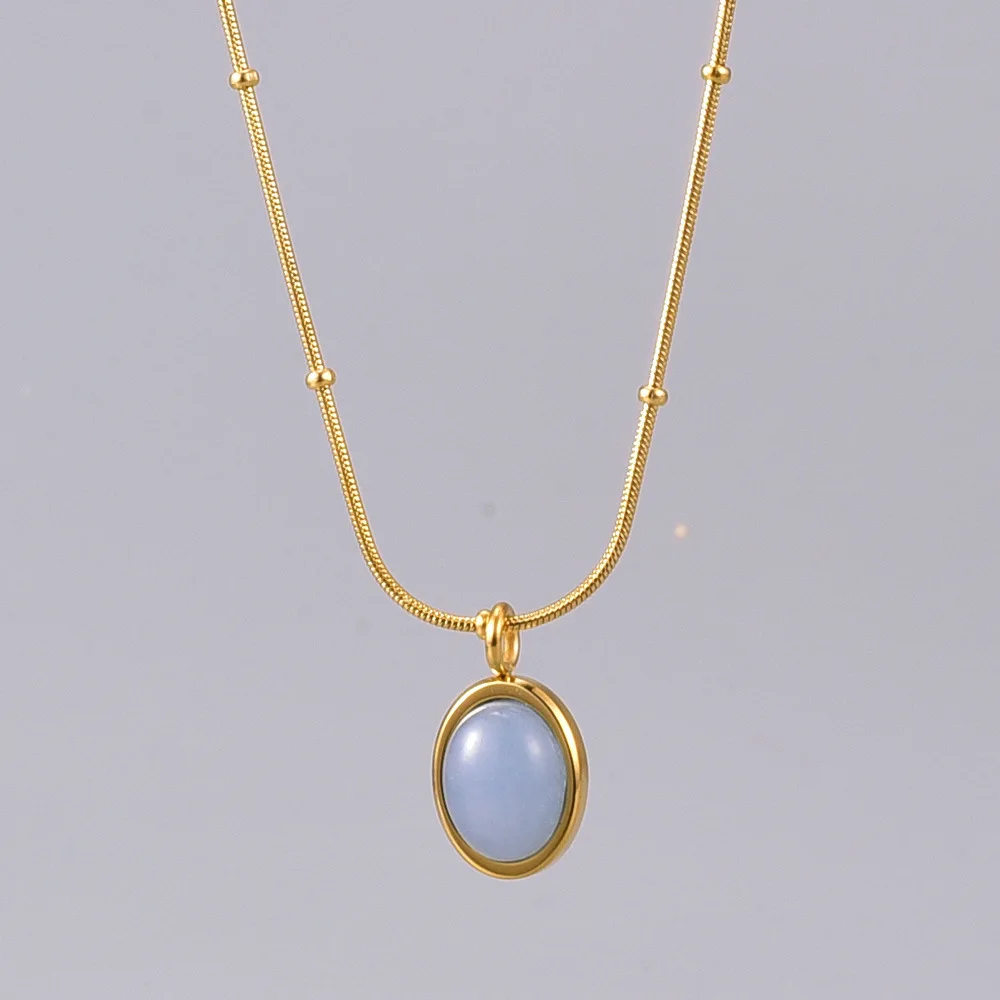 

Classic Design Natural Stone Necklace Jewelry Gold Plated Stainless Steel Oval Shape Aquamarine Stone Pendant Necklace, As picture