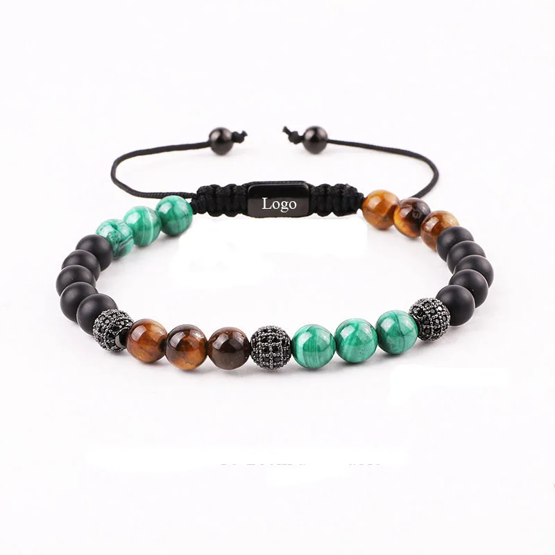 

New Arrived Gemstone Natural Stone Tiger Eye Laser Logo CZ Pave Ball Beads Braided Adjustable Bracelet For Men