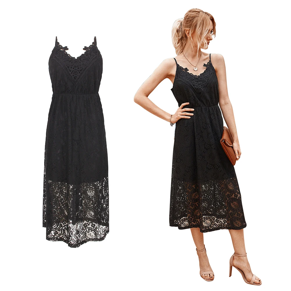 

MUTONGYI Party Dresses Ladies Midi V Neck Solid White Black Lace Dress Elegant Vintage Lace Dress