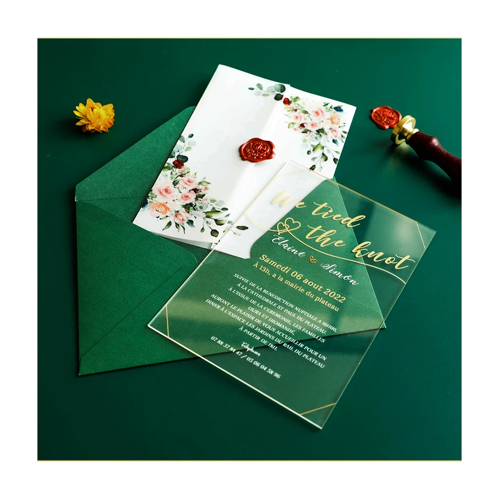 

Premium Quality Acrylic Bridal Shower Wedding Invitation Card with Green Envelope & Wax Sealing