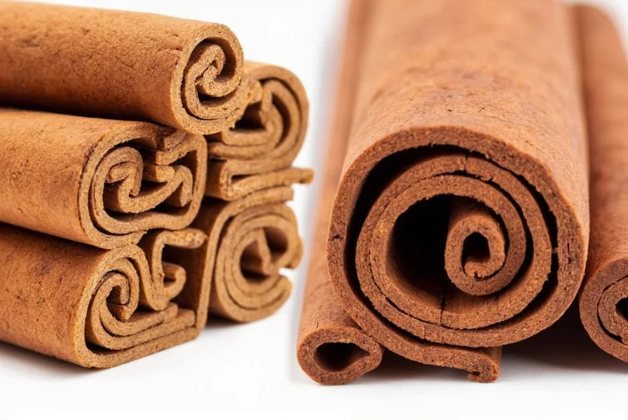 Close-up comparison of Ceylon cinnamon sticks showing multiple delicate layers versus Cassia cinnamon's thick single卷