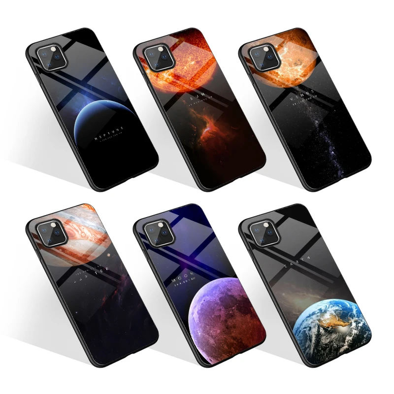 

Customized Print Outer Space Planet Hard Glass Phone Case for HUAWEI P30 Case for iPhone 11 X XS Mobile Phone Case, Black