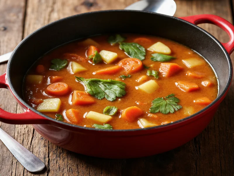 Homemade vegetable soup simmering in cast iron pot