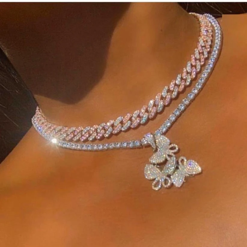 

Iced Out Bling CZ Women Jewelry Micro Pave 5A Cubic Zirconia Triple Butterfly Tennis Necklace