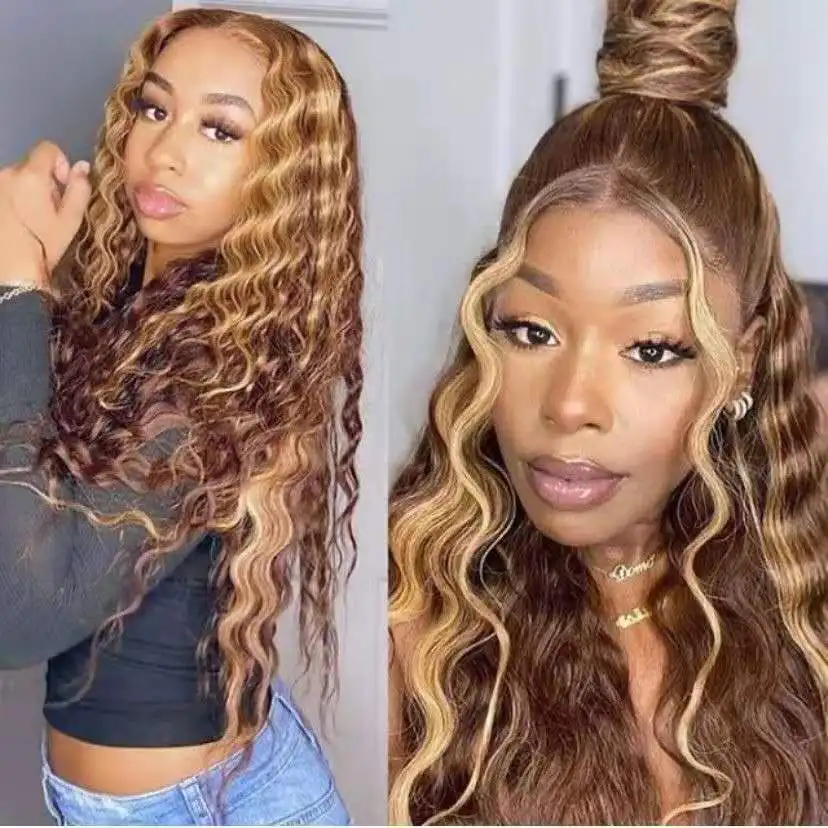 

Curly Human Hair Wig Honey Blonde Ombre HD Brazilian Brown Color Deep Water Wave Hd Full Frontal Highlight Bob Lace Front Wigs
