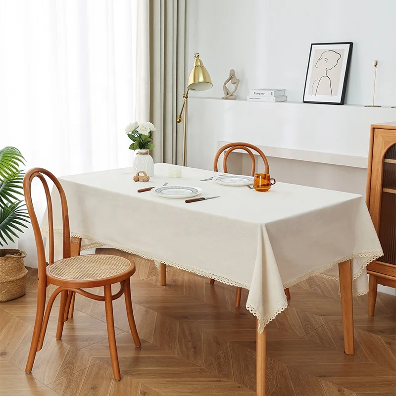 Wedding Polyester Cotton Tablecloth Scratch-Proof Custom Dining Table Sheets Cover Christmas Woven Beige Plain Lace Table Cloth