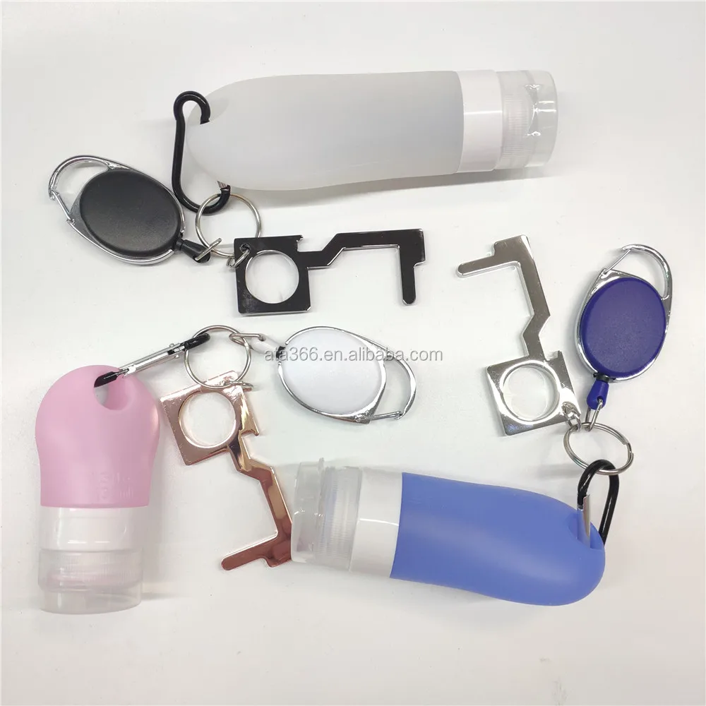 
30ML Rubber Hand Sanitizer Bottle Keychain Custom Hands Free Door Bottle Opener No Touch Keychain Silicone Sanitizer Bottle 