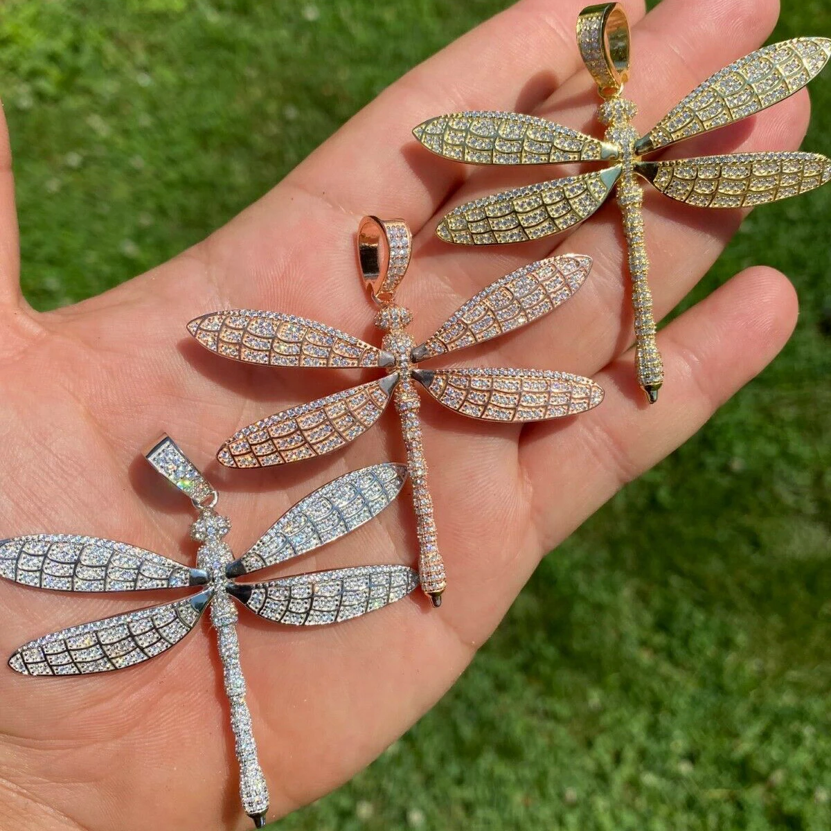 

2021 spring new cute lovely animal design micro pave cz iced out bling dragonfly pendant women necklace, Rose gold