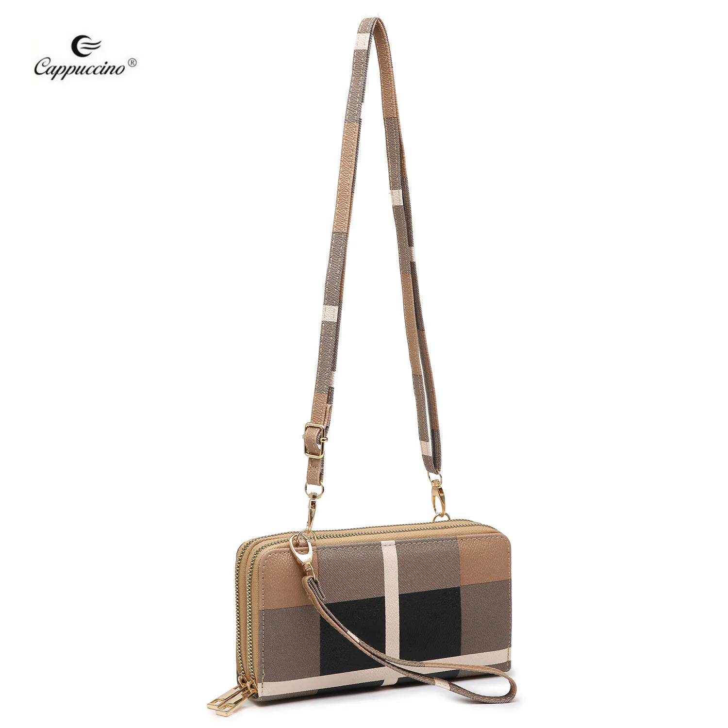 

Plaid Check Double Zip small coins slots pu leather credit card holder cell phone crossbody shoulder bag, More color
