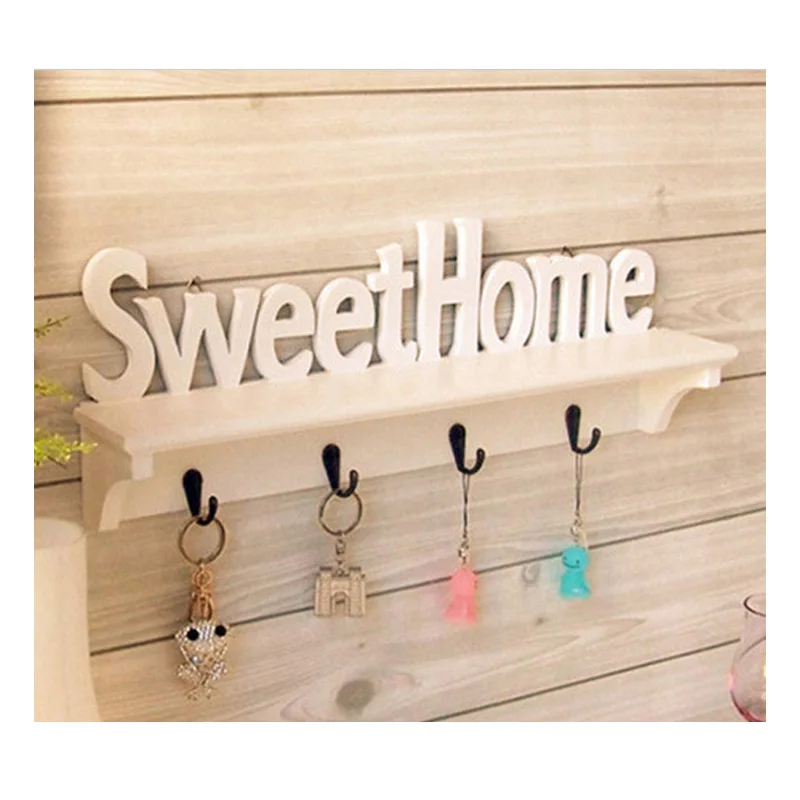 

JX- Wall mounted key holder decorative shelf rustic Key Hanger with 4 hooks floating storage shelf home sweet home sign white