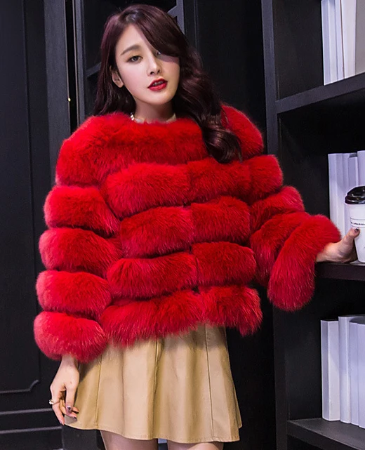 

2020 New Arrivals fashion patchwork faux fox fur patchwork women ladies red coat, Picture showns