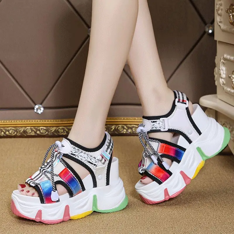 

2021 HAPPY CHINA Rainbow Soles Inline Raise Sandals for Women Summer web celebrity Fairy Daddy Sports Sandals