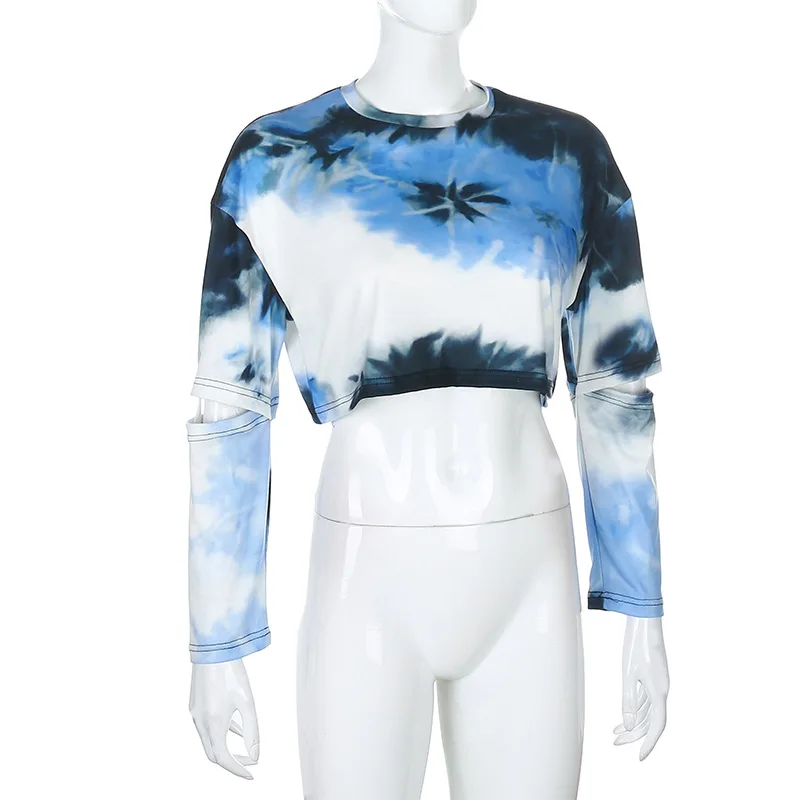 

High Street Hollow Out Add Logo Sweatshirts Summer Tie Dye Crop Top Tee Shirt For Women, As picture/customized colors