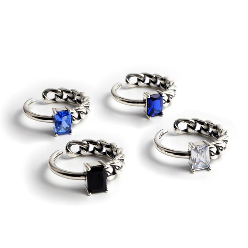 

pure 925 adjustable sterling silver jewelry black/blue/white zircon diamond ring Square-Cut Black CZ Link Chain Silver